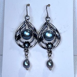 NWOT Designer Sterling Silver Blue Pearl Floral Vine Dangle Earrings Bohemian